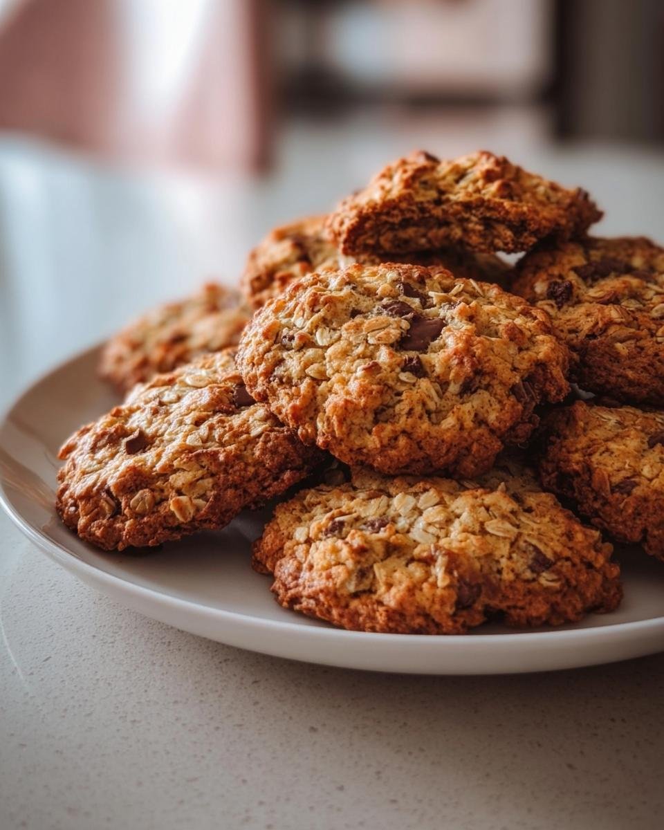 A stack of freshly baked Breakfast Cookies on a white plate, showcasing their golden-brown color and texture.