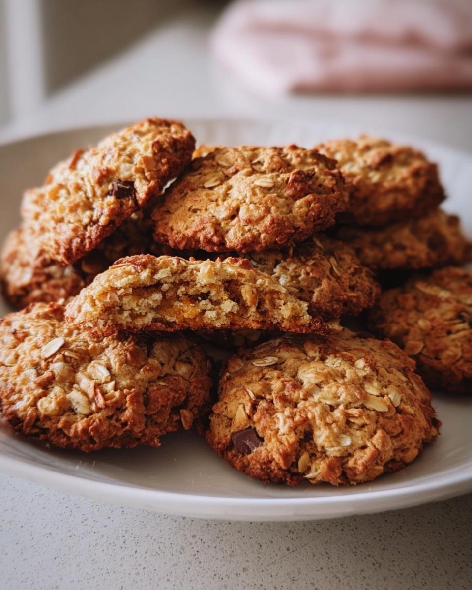 A stack of homemade Breakfast Cookies on a white plate, showing oats and chocolate chips.