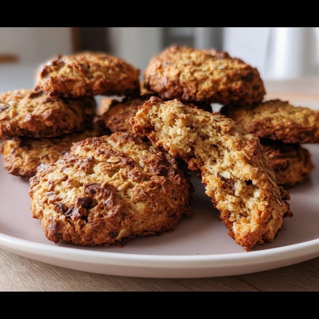A stack of homemade Breakfast Cookies on a plate, one broken in half to show the texture.
