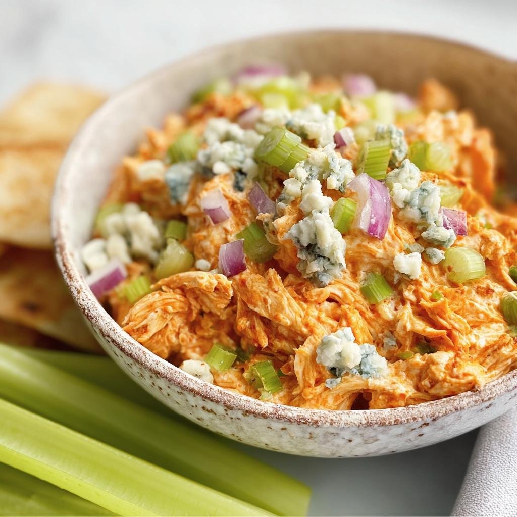 Close-up of a bowl of Buffalo Chicken Salad topped with blue cheese, celery, and red onion. Served with crackers and celery sticks.