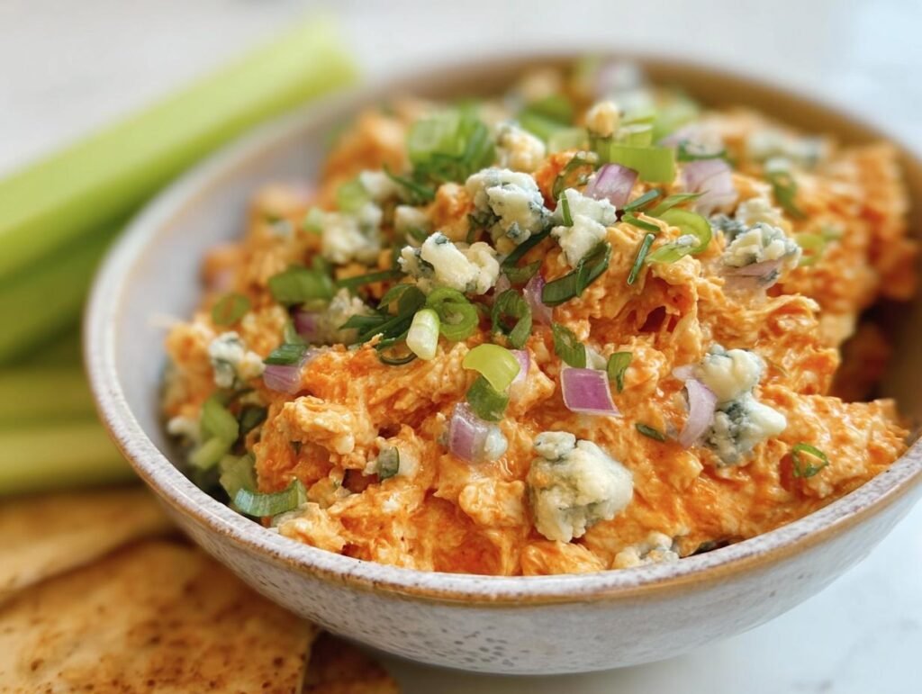 A bowl of Buffalo Chicken Salad topped with blue cheese, green onions, and red onions, served with celery and crackers.