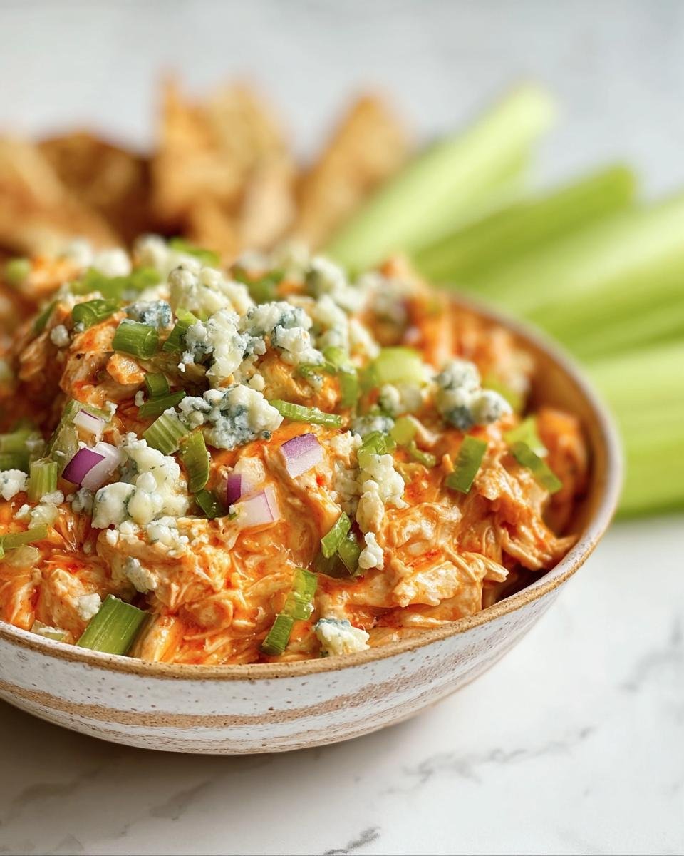 A bowl of Buffalo Chicken Salad topped with blue cheese, green onions, and red onion, served with celery sticks and pita chips.