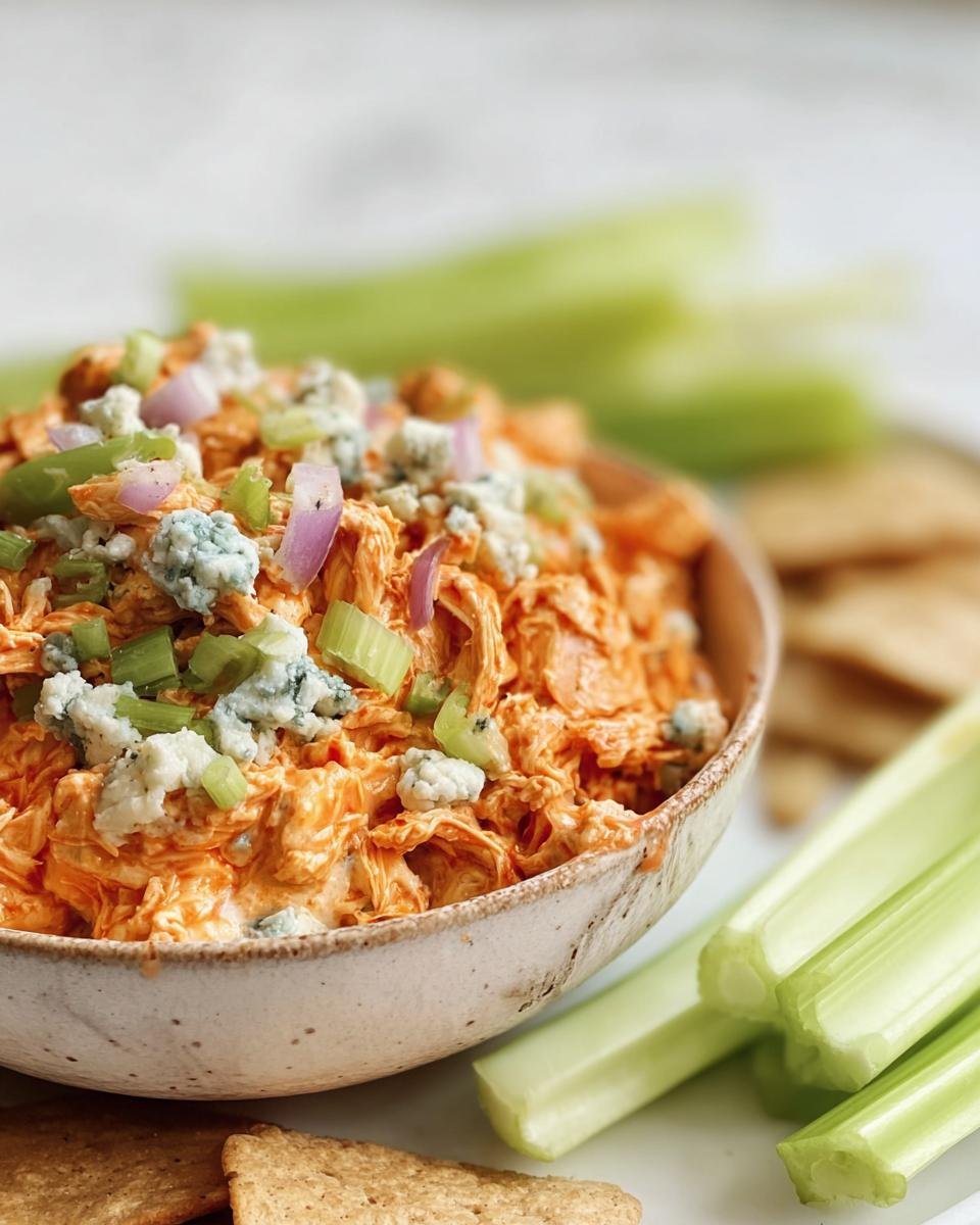 A bowl of Buffalo Chicken Salad topped with blue cheese, celery, and red onion, served with celery sticks and crackers.