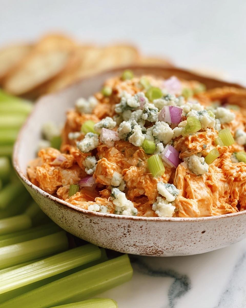 A bowl of Buffalo Chicken Salad topped with blue cheese, red onion, and celery, served with celery sticks.