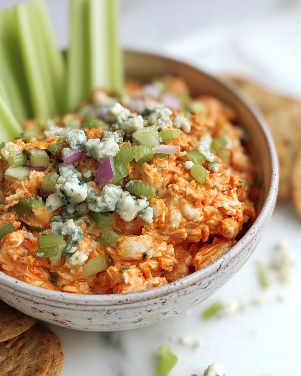 A bowl of Buffalo Chicken Salad topped with blue cheese, celery, and red onion, served with celery sticks and crackers.