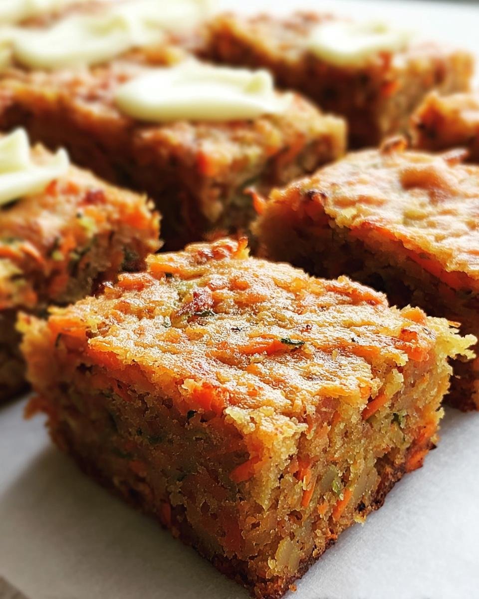 A close-up shot of delicious Carrot And Zucchini Bars, some topped with cream cheese frosting.