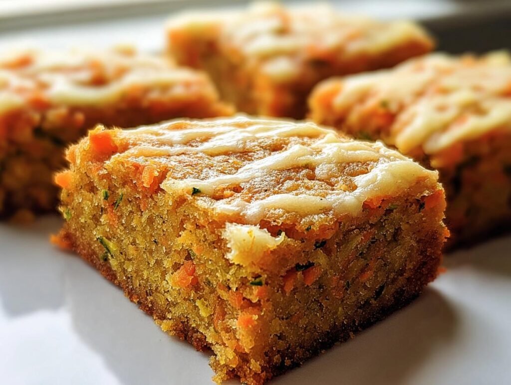 Close-up of Carrot And Zucchini Bars with a creamy frosting drizzle on a white plate.
