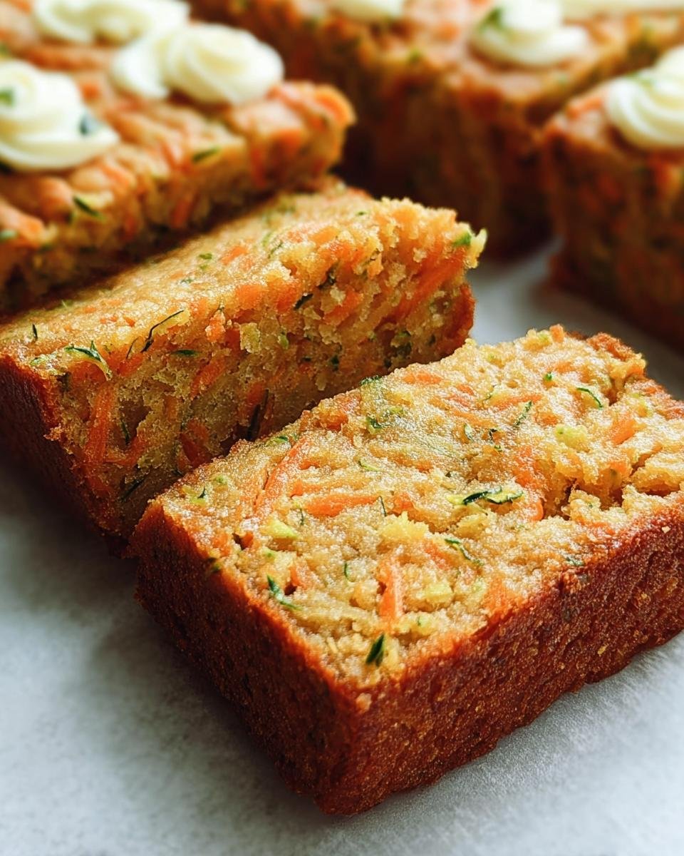 Close-up of sliced Carrot And Zucchini Bars, showcasing the moist texture and visible carrot and zucchini shreds.