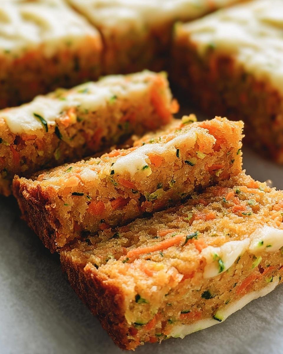 Close-up of sliced Carrot And Zucchini Bars with a creamy white frosting, showcasing the moist texture and visible vegetable pieces.