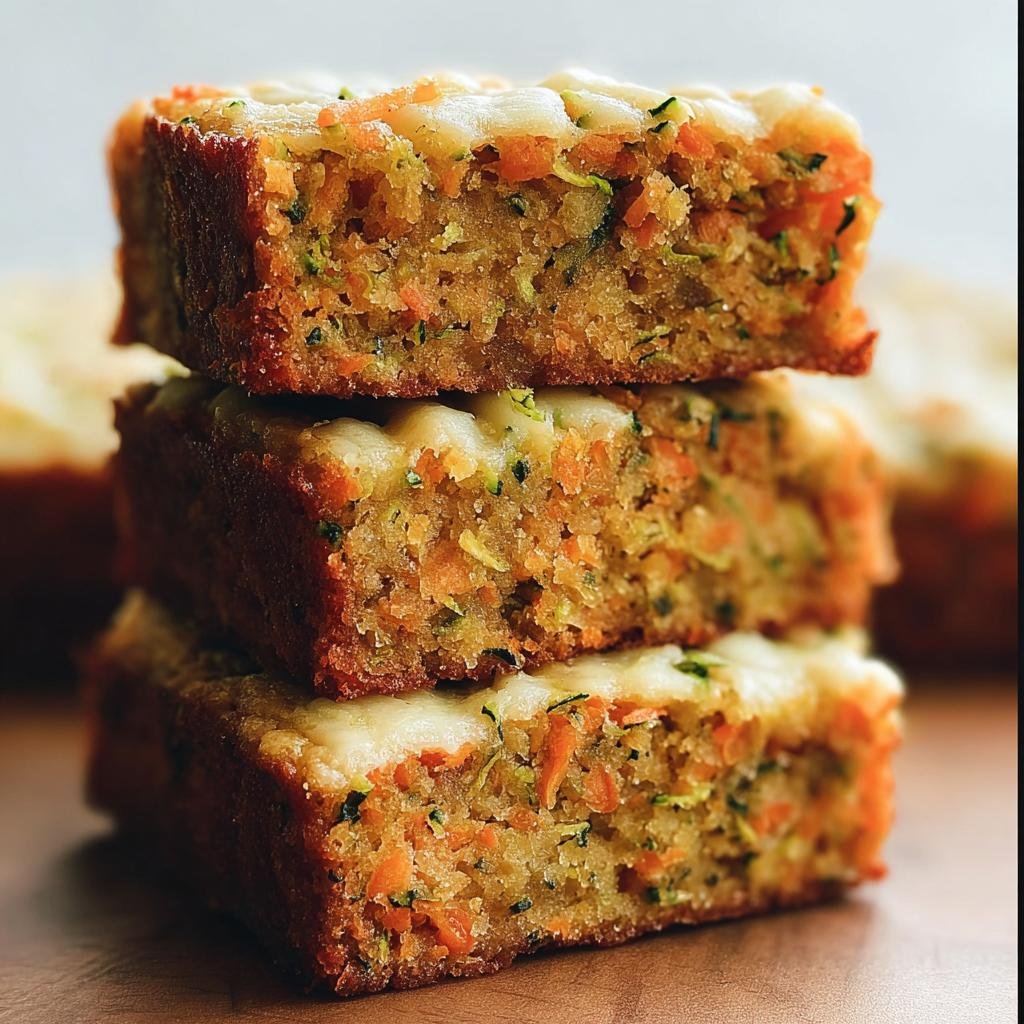 A stack of three delicious Carrot And Zucchini Bars, showcasing the moist texture and colorful ingredients.