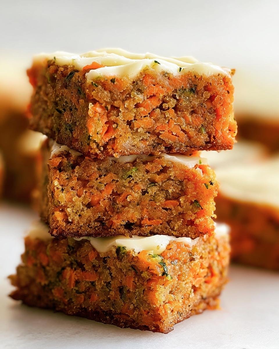 A stack of three frosted Carrot And Zucchini Bars, showcasing the moist texture and vegetable pieces.