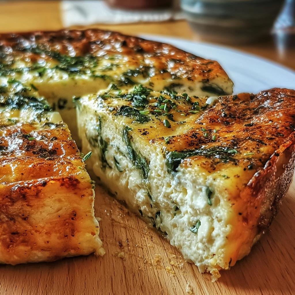 A slice of Cheese and Spinach Crustless Quiche, showcasing the cheesy filling and spinach.