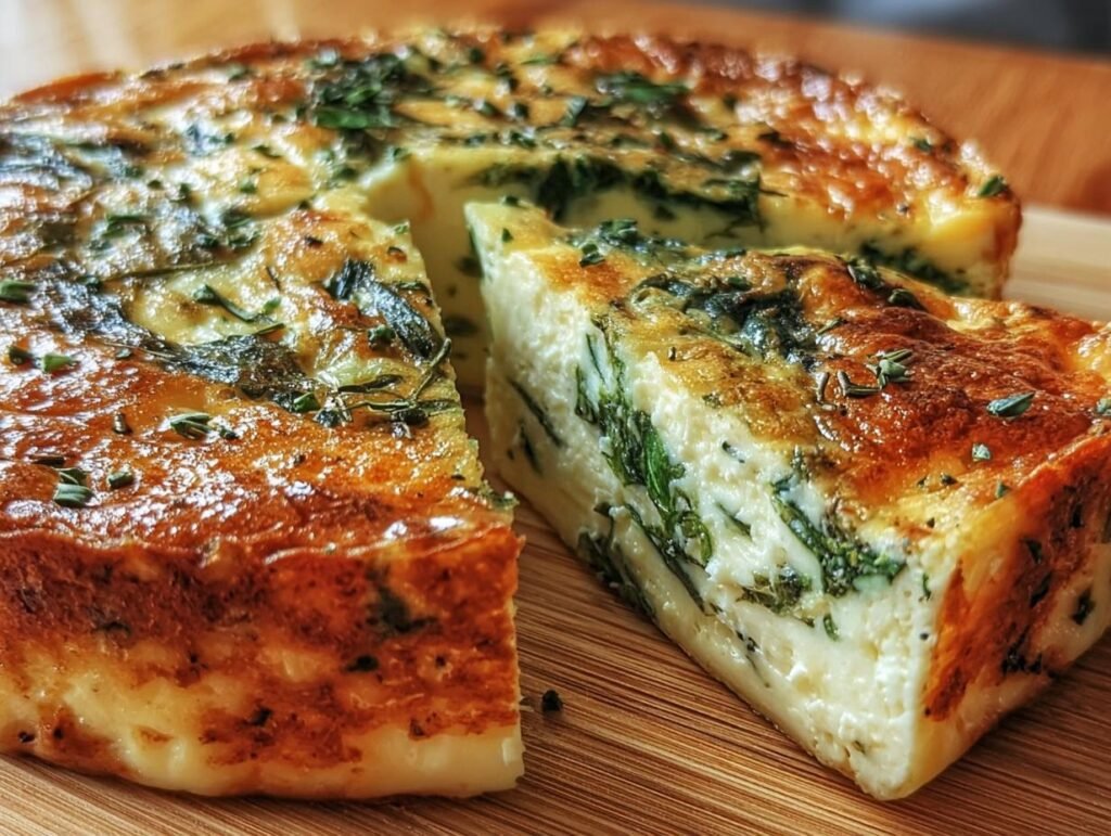 A slice of homemade Cheese and Spinach Crustless Quiche on a wooden board, garnished with herbs.