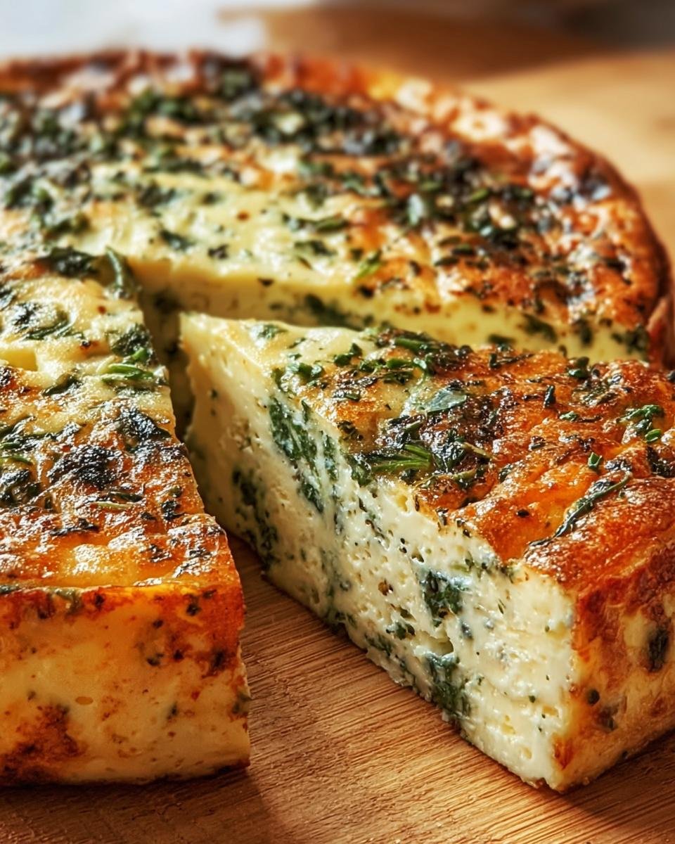 A slice of freshly baked Cheese and Spinach Crustless Quiche, showcasing the spinach and cheese filling.