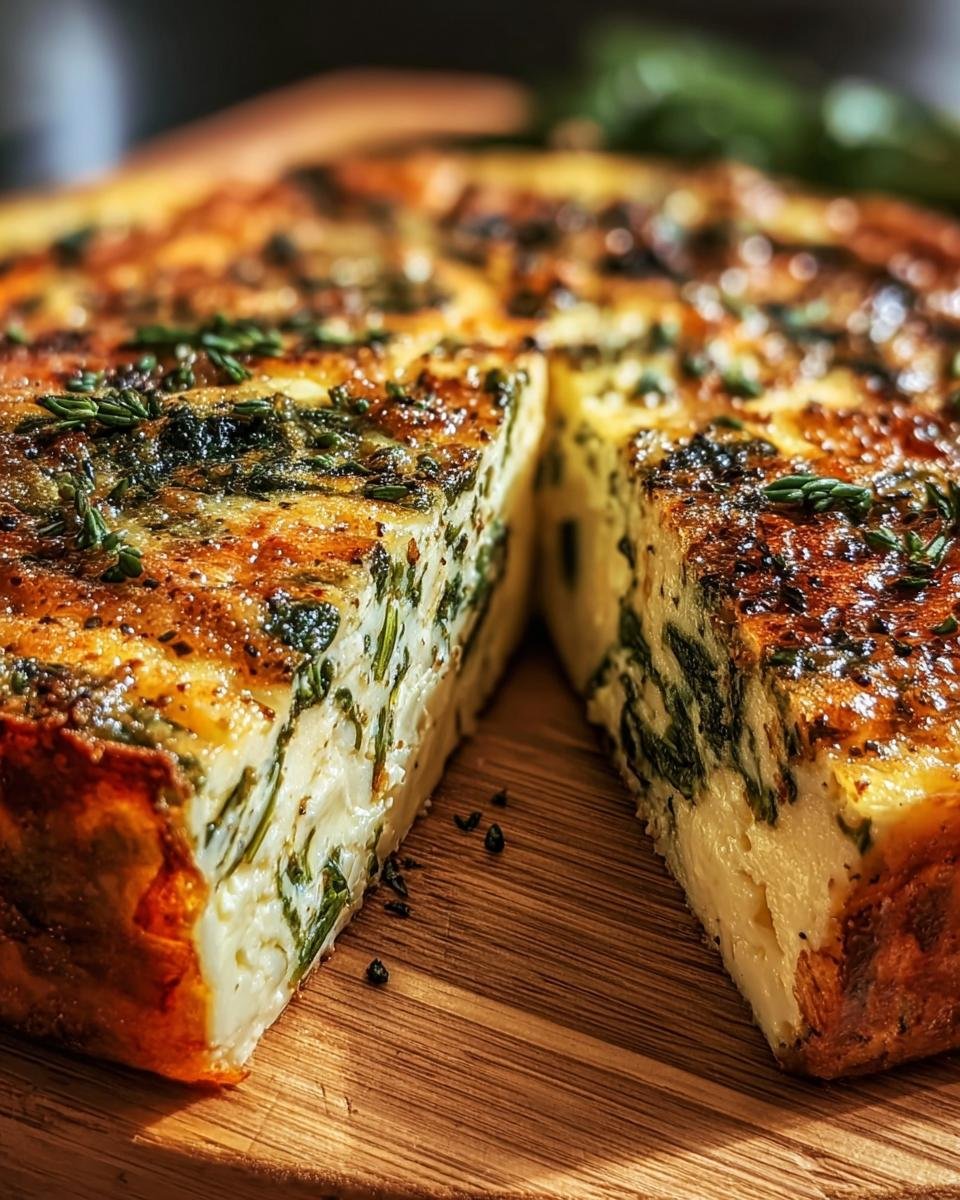 A slice of Cheese and Spinach Crustless Quiche with a golden-brown top, showing spinach and cheese filling.