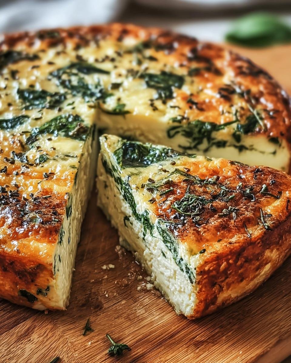 A delicious slice of Cheese and Spinach Crustless Quiche on a wooden board, showcasing the creamy texture and golden-brown crust.