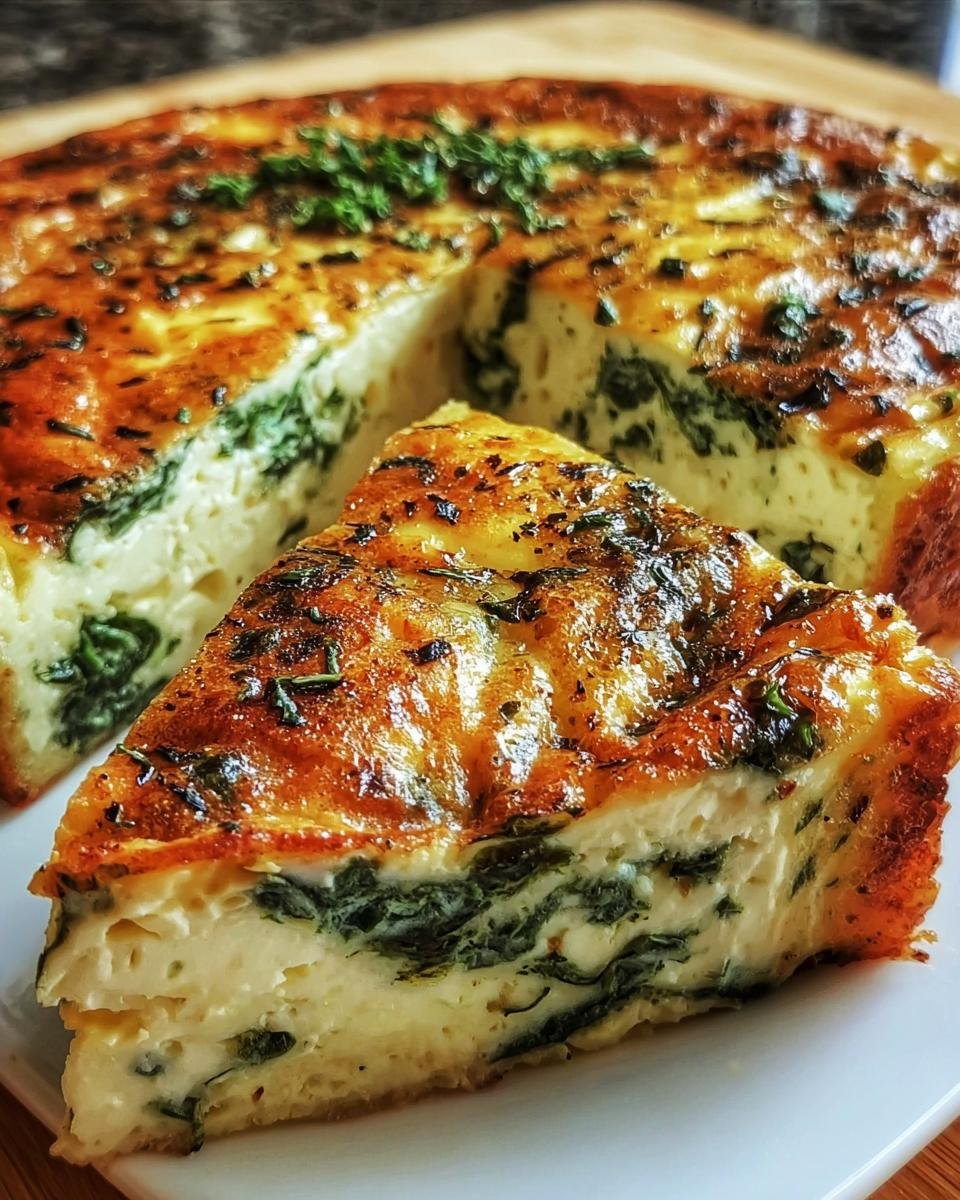 A slice of Cheese and Spinach Crustless Quiche with a golden-brown top, showing the spinach and cheese filling.