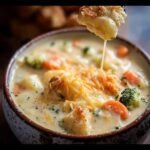 A bowl of Cheesy Vegetable Chowder with broccoli, carrots, and potatoes, plus a spoonful being lifted.