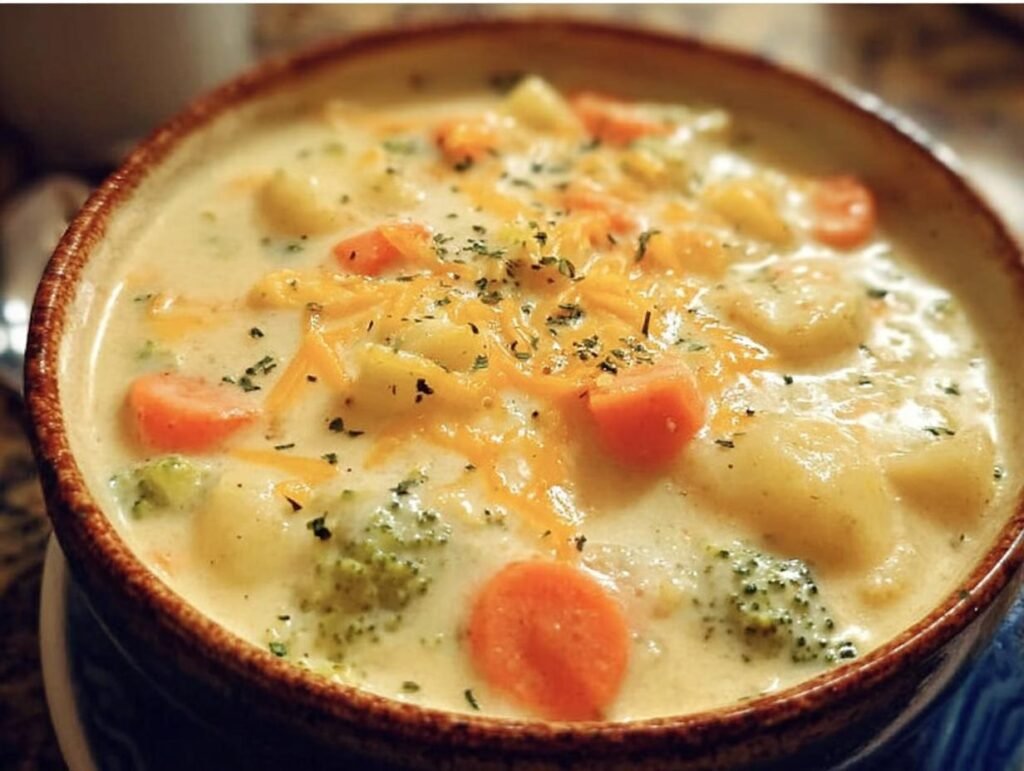 A bowl of creamy cheesy vegetable chowder with carrots, potatoes, and broccoli, topped with shredded cheese and herbs.