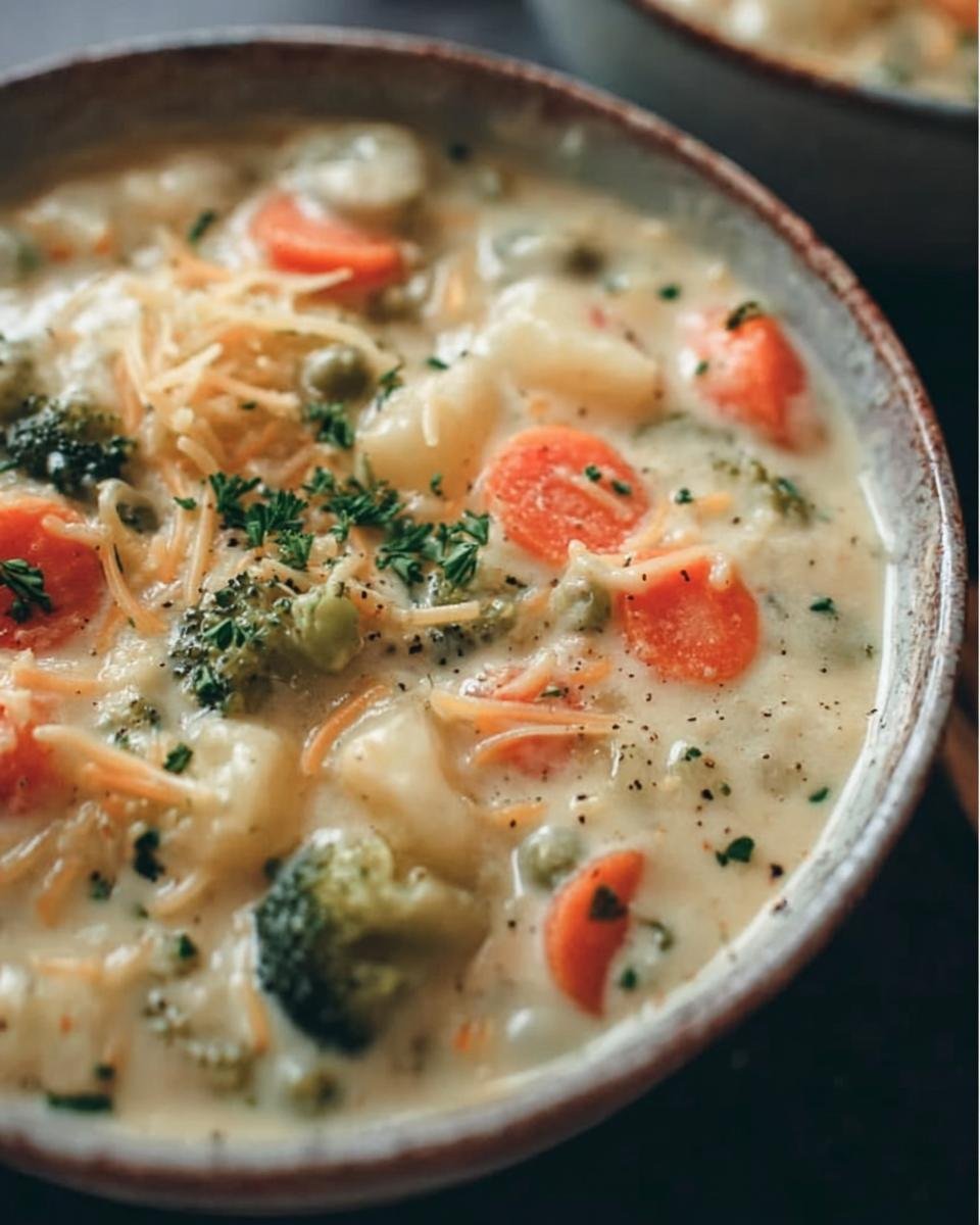 A bowl of creamy Cheesy Vegetable Chowder with carrots, broccoli, potatoes, and cheese.