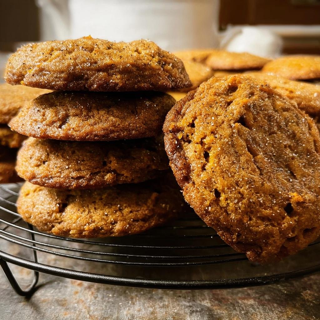 A stack of freshly baked Chewy Maple Pumpkin Cookies cooling on a wire rack, showcasing their texture and color.