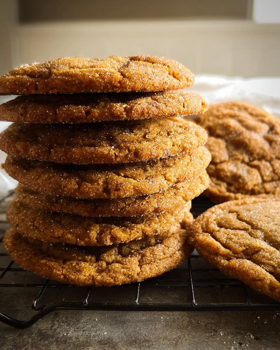 A stack of freshly baked Chewy Maple Pumpkin Cookies on a wire rack, dusted with sugar.