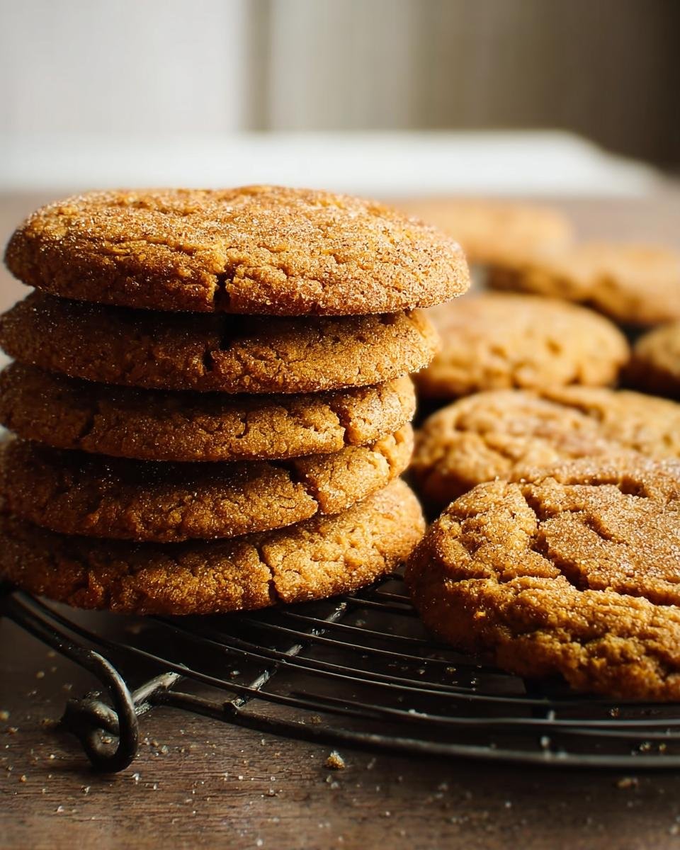 A stack of chewy maple pumpkin cookies on a cooling rack, showcasing their texture and golden-brown color.