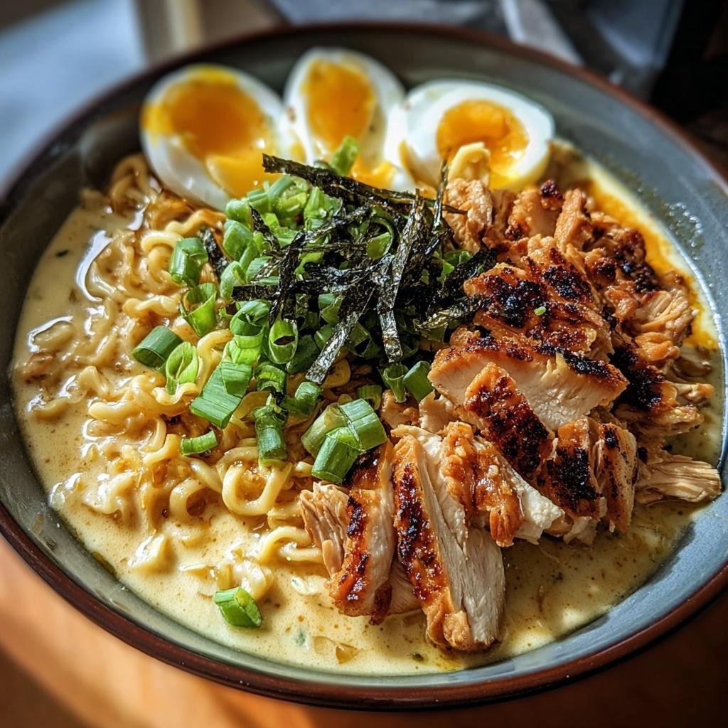 A delicious bowl of Chicken Ramen Creamy Sauce with grilled chicken, soft-boiled egg, scallions, and seaweed.