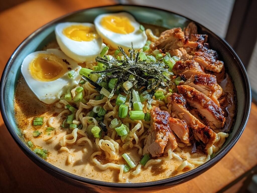 A delicious bowl of Chicken Ramen Creamy Sauce, topped with sliced chicken, soft-boiled eggs, and scallions.