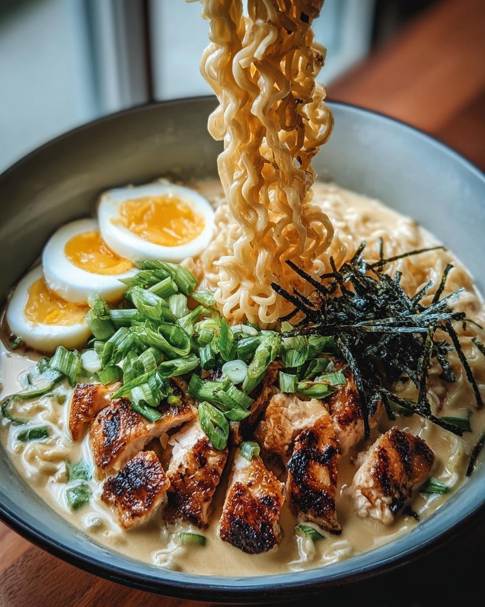 A bowl of Chicken Ramen Creamy Sauce with grilled chicken, soft boiled egg, green onions, and seaweed.