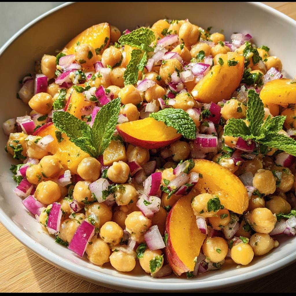 A vibrant bowl of Chickpea Peach Salad with red onion and mint, ready to enjoy.