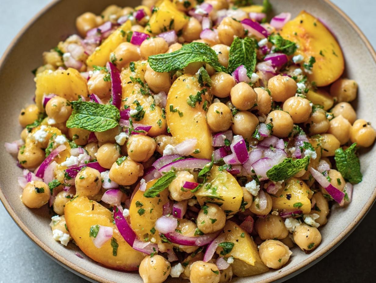 A vibrant Chickpea Peach Salad in a bowl, featuring chickpeas, peaches, red onion, mint, and feta cheese.