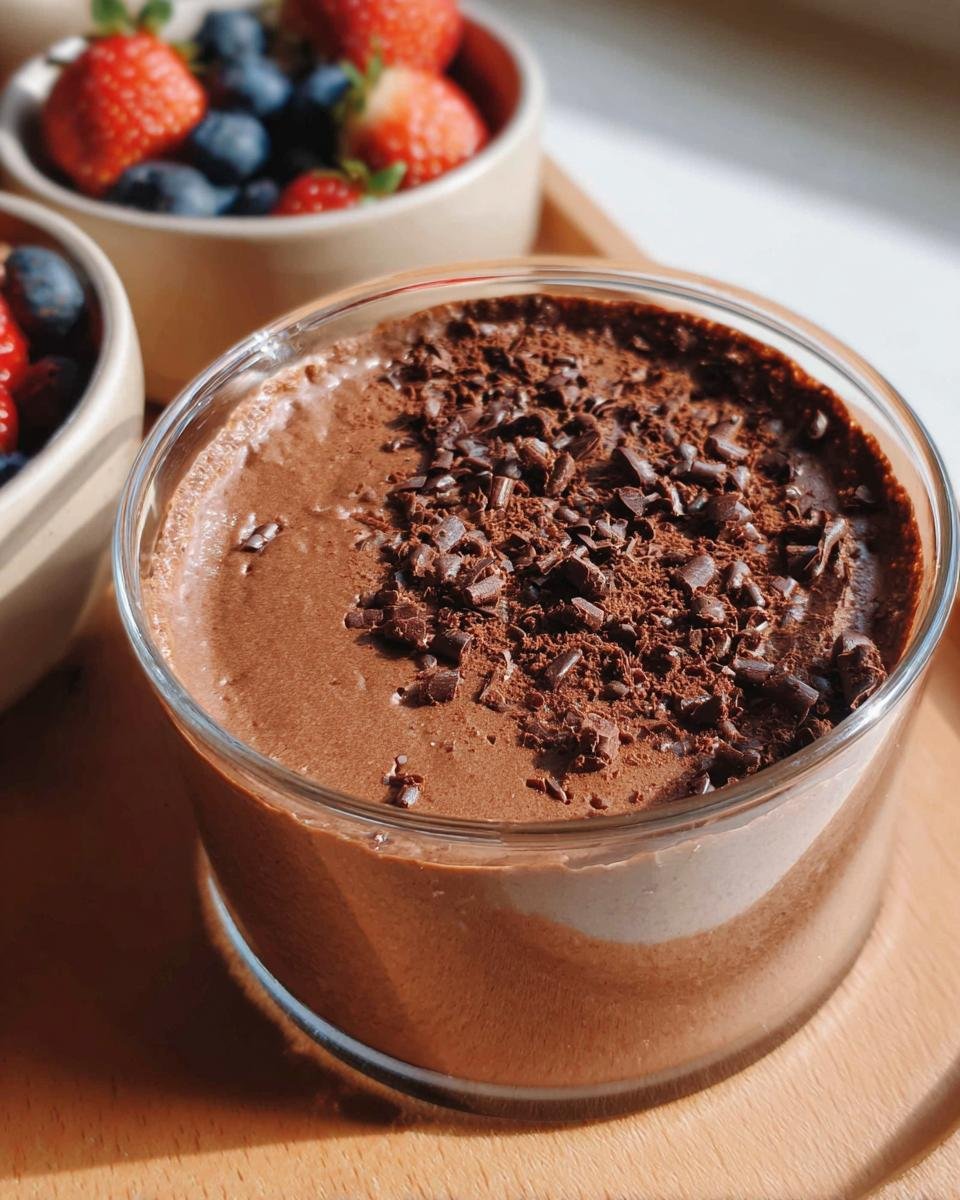 A glass of Chocolate Protein Pudding topped with chocolate shavings, served with a side of fresh strawberries and blueberries.