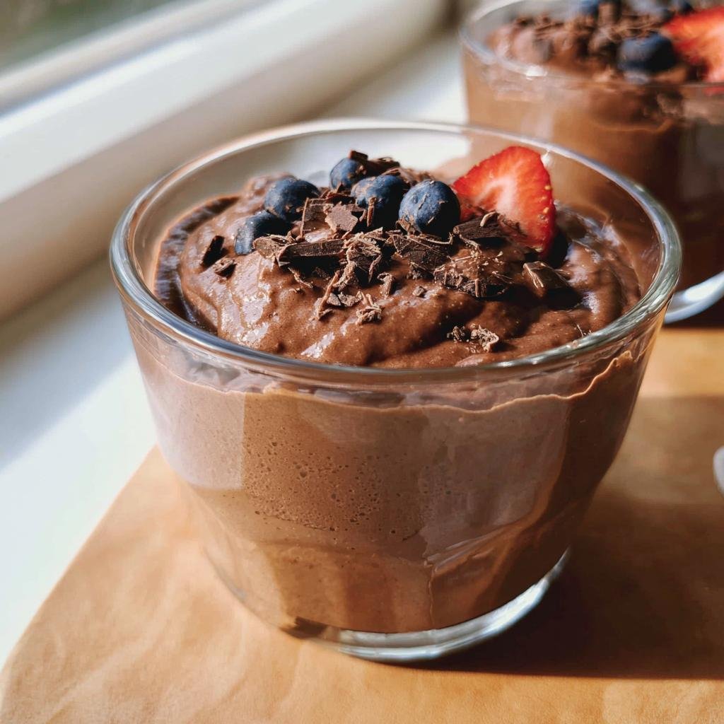 Close-up of Chocolate Protein Pudding in a glass, topped with blueberries, strawberry, and chocolate shavings.