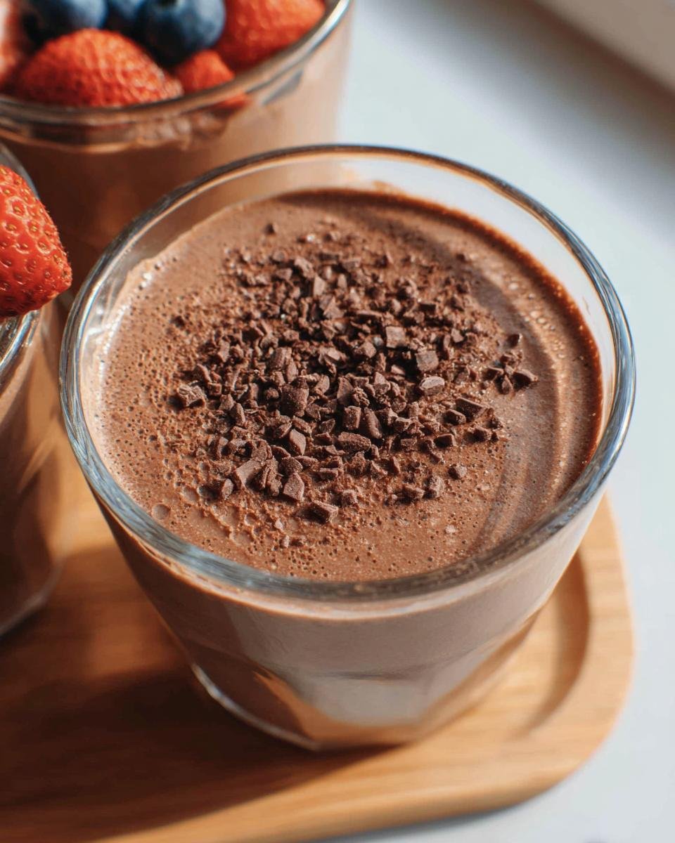 Close-up of Chocolate Protein Pudding in a glass, topped with chocolate shavings and served with fresh berries.
