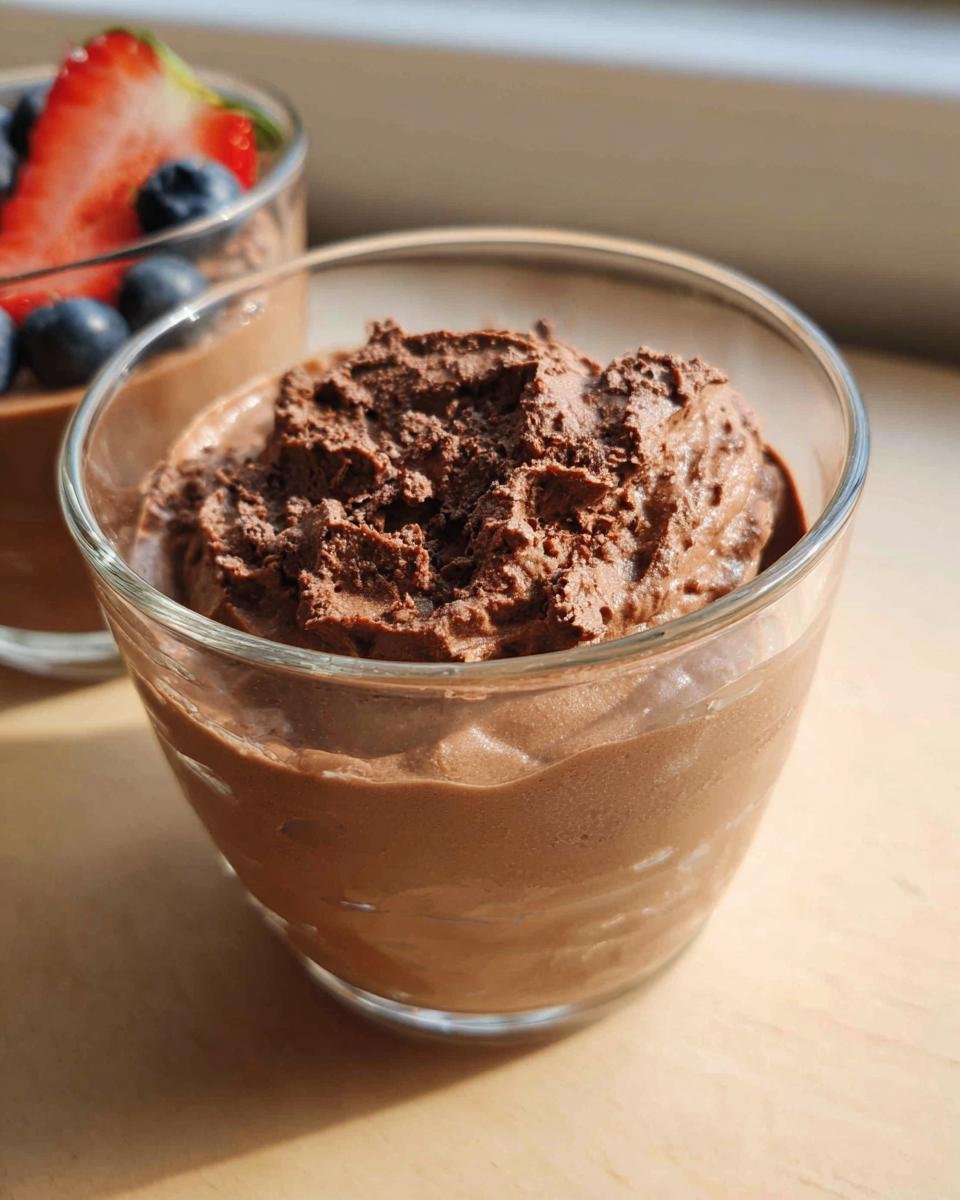 Close-up of a glass filled with creamy Chocolate Protein Pudding, topped with a scoop and garnished with berries in the background.