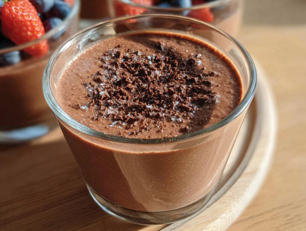 Glass of chocolate protein pudding topped with chocolate shavings. Berries in background.
