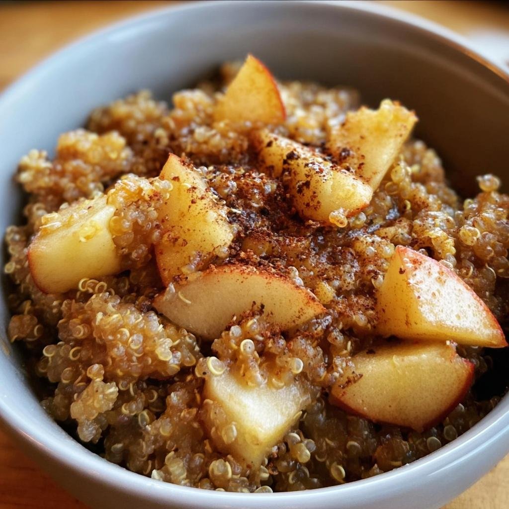 A bowl of Cinnamon Apple Breakfast Quinoa, topped with apple slices and a sprinkle of cinnamon.