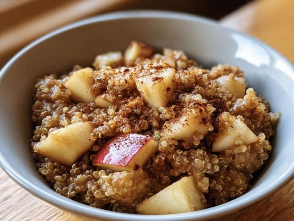 A bowl of Cinnamon Apple Breakfast Quinoa, topped with cinnamon and diced apples.
