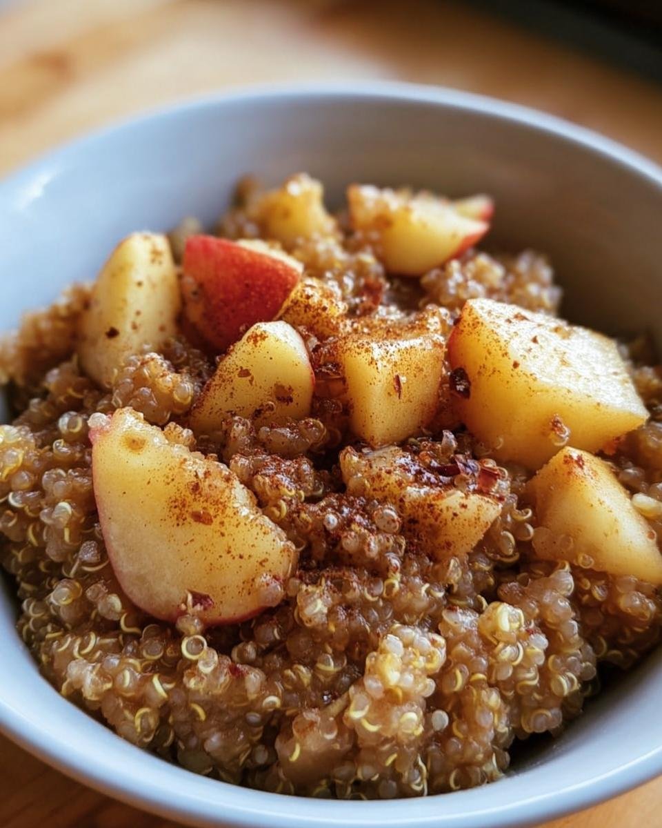 A bowl of Cinnamon Apple Breakfast Quinoa, topped with diced apples and a sprinkle of cinnamon.