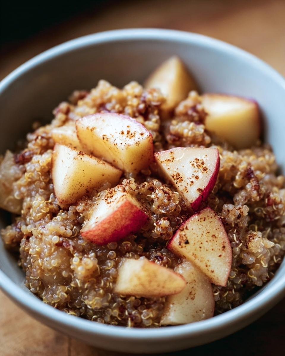 A comforting bowl of Cinnamon Apple Breakfast Quinoa with sliced apples and a sprinkle of cinnamon.