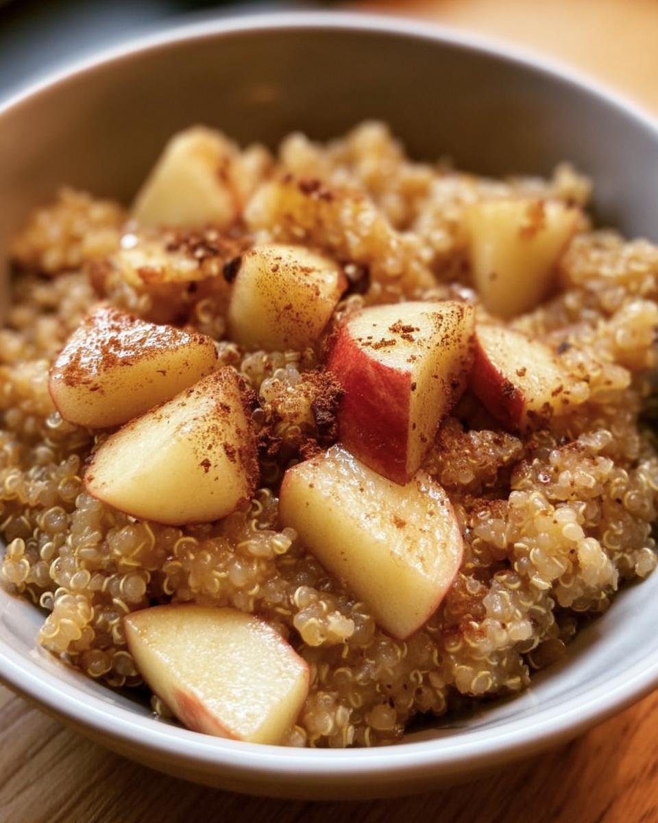 A bowl of Cinnamon Apple Breakfast Quinoa, topped with diced apples and a sprinkle of cinnamon.