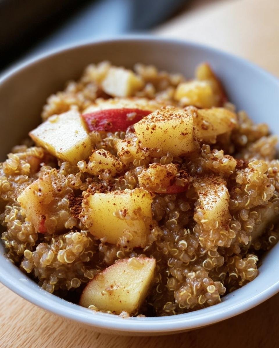 A comforting bowl of Cinnamon Apple Breakfast Quinoa, topped with diced apples and a sprinkle of cinnamon.