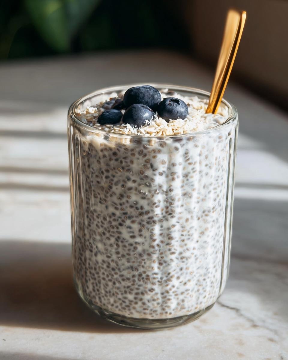 Glass of Coconut Chia Pudding Recipe topped with blueberries and oats, with a golden spoon.