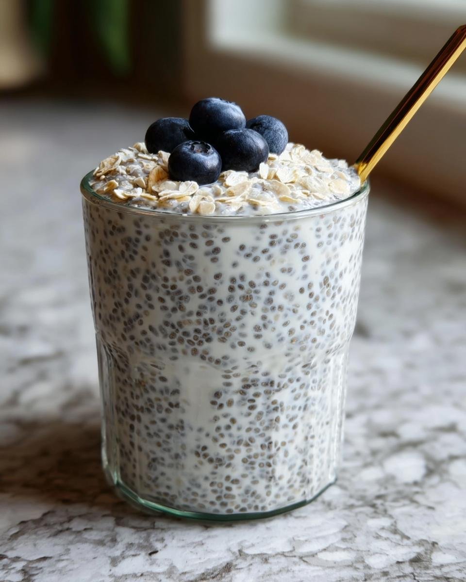 Glass of Coconut Chia Pudding Recipe topped with oats and fresh blueberries, with a golden spoon.