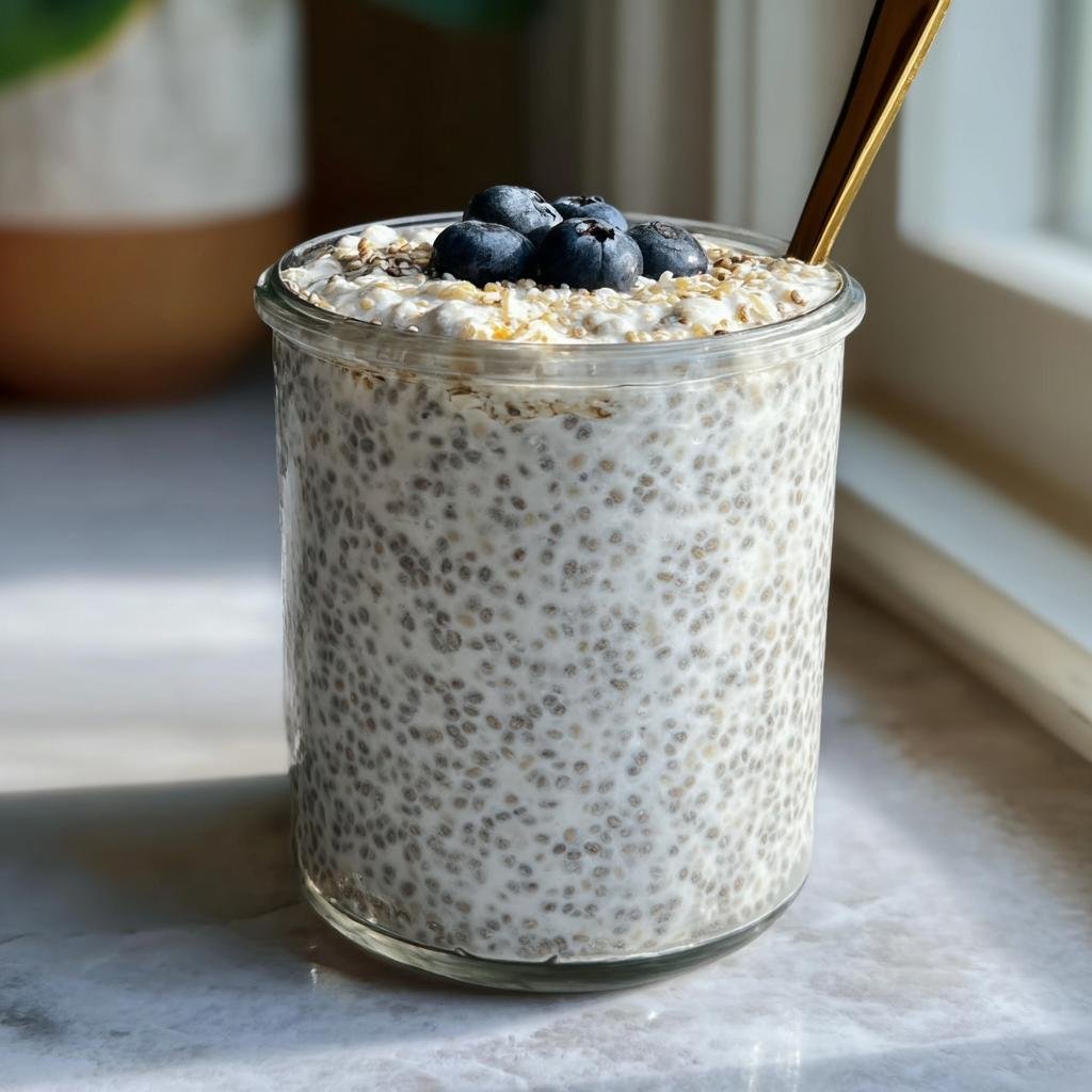 A glass jar filled with creamy coconut chia pudding, topped with fresh blueberries and a golden spoon.
