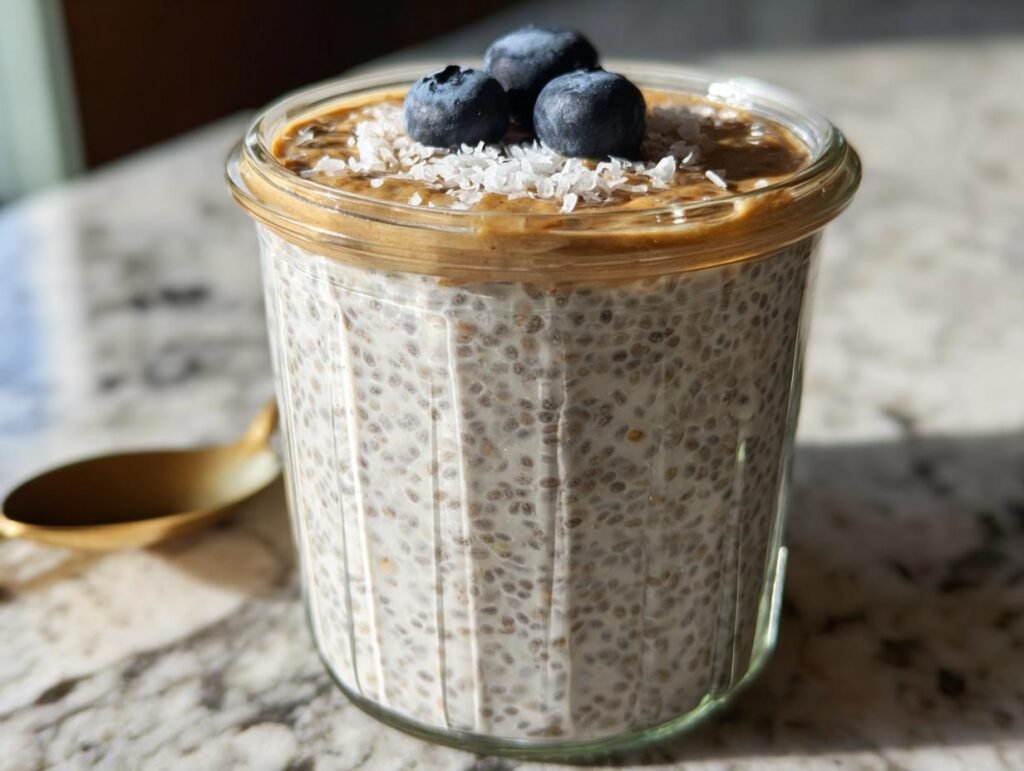 A glass jar filled with Coconut Chia Pudding Recipe, topped with blueberries and coconut flakes.