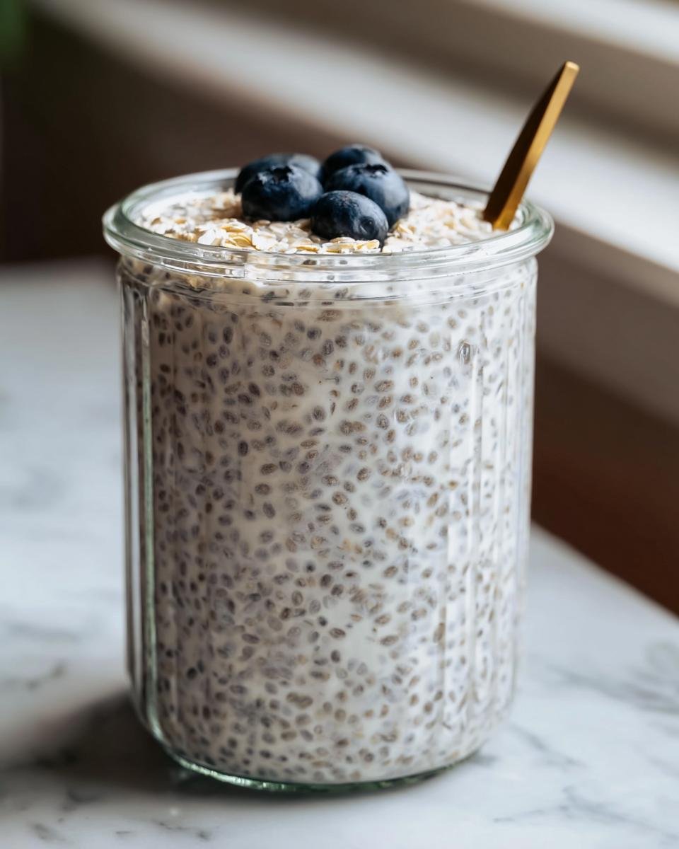 Glass jar filled with coconut chia pudding, topped with oats and fresh blueberries. A spoon rests inside.