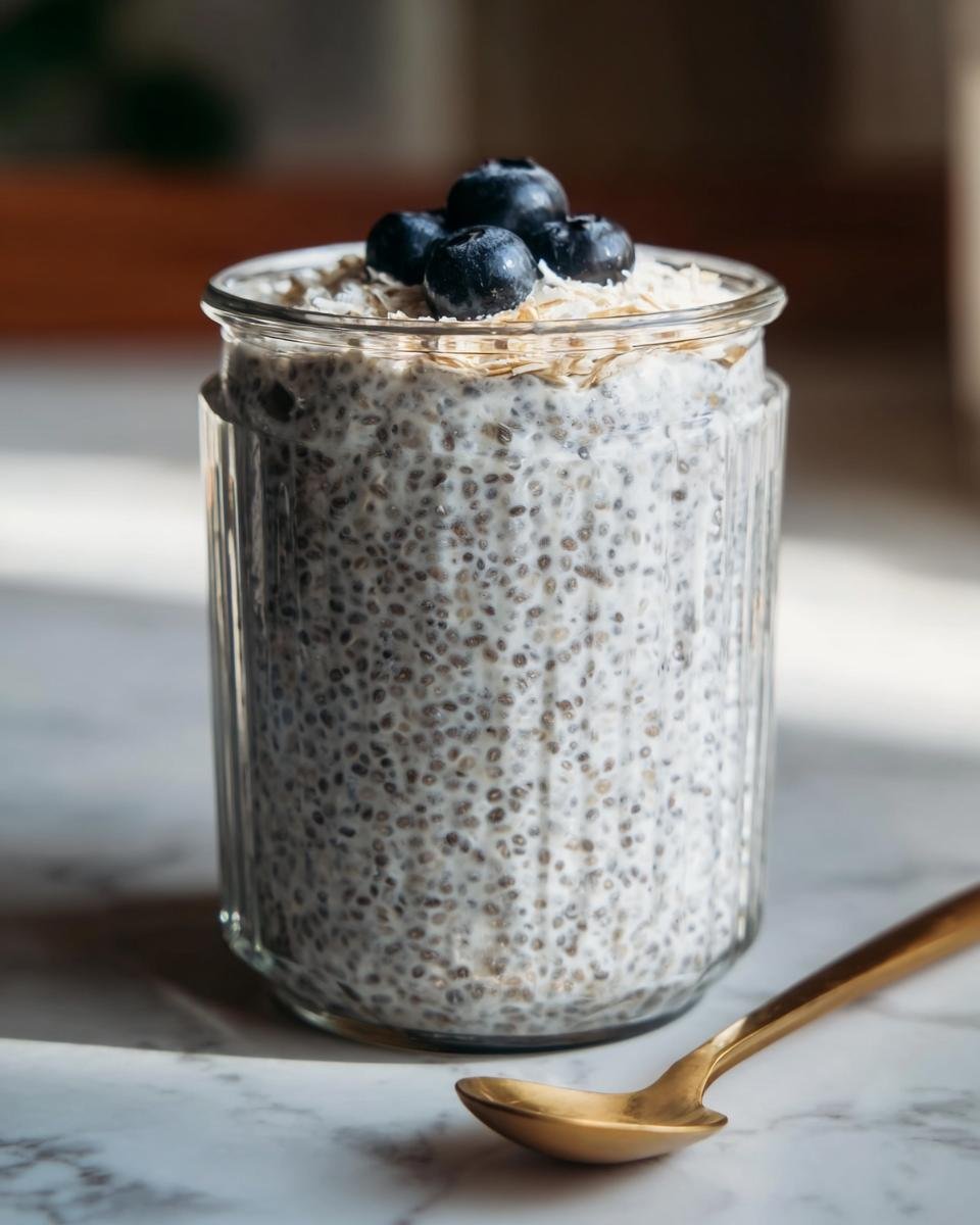 A jar of Coconut Chia Pudding topped with blueberries and oats, sitting next to a golden spoon.
