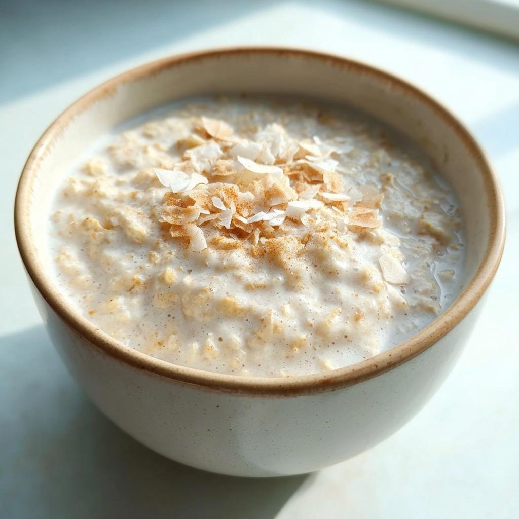 A bowl of creamy Coconut Cream Oats topped with toasted coconut flakes and a sprinkle of cinnamon.